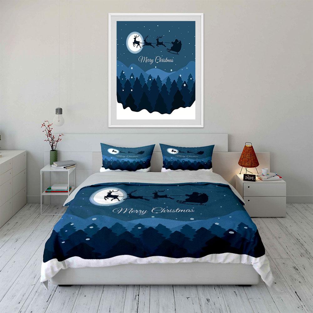 Santa Sleigh and Reindeer Scene Bedding Duvet Cover Set Duvet Cover Pillowcases (1*Duvet Cover 2*Pillowcases, Without Duvet Insert)