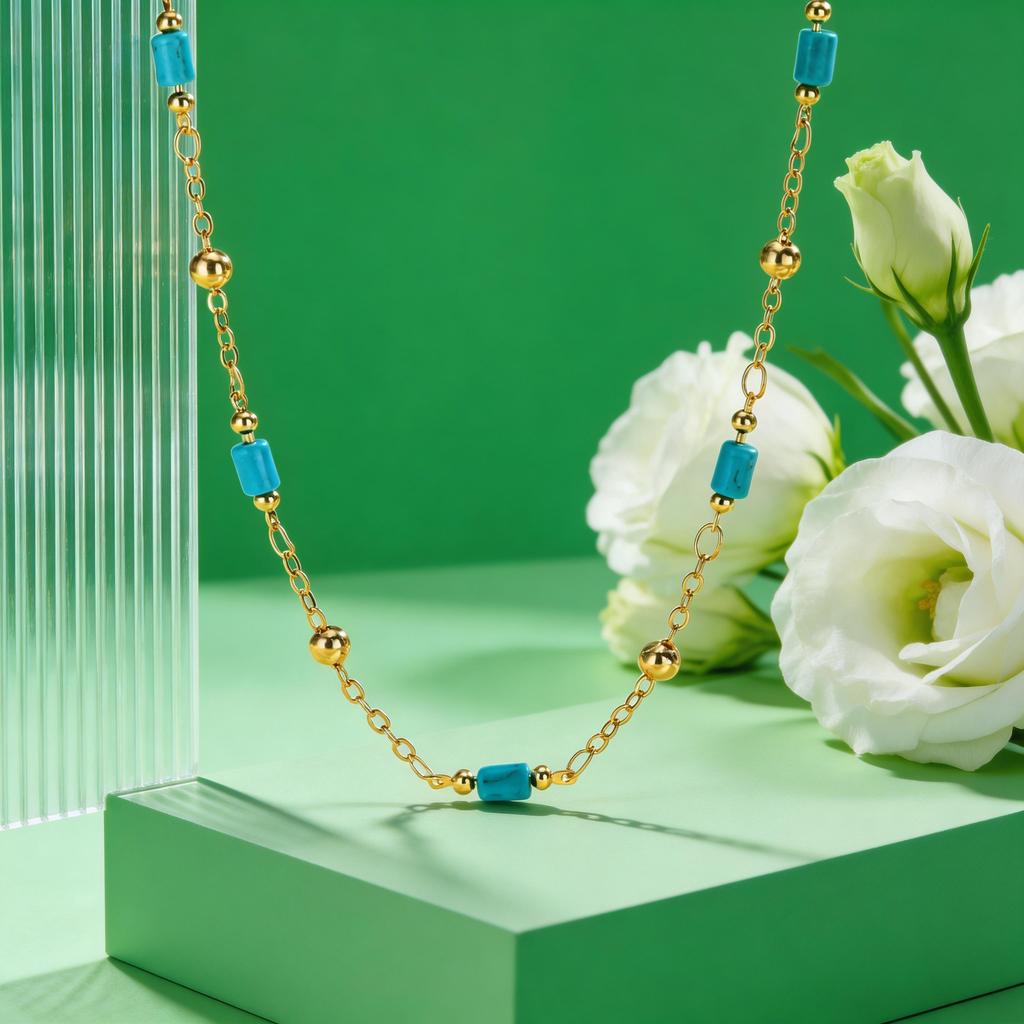 Hip Pop Turquoise Spacer Bead Necklace for Women Gold-Plated Beaded Chain Necklaces Fashion Choker Jewelry Gift