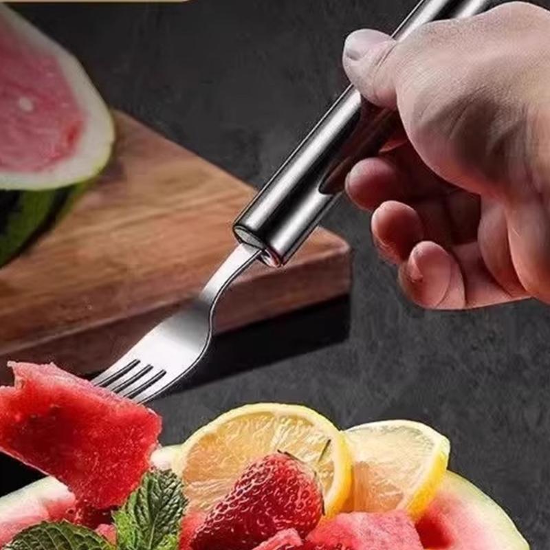 Pack of 2 Stainless Steel Duals Head Fruit Tool Efficient Watermelon Cutting Fork Ergonomic Quick Cleaning Device