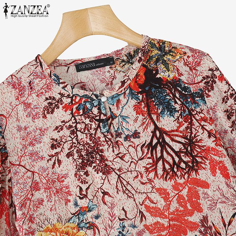 ZANZEA Blusa Casual de Cuello Redondo y Manga 3/4 con Estampado Étnico para Mujer