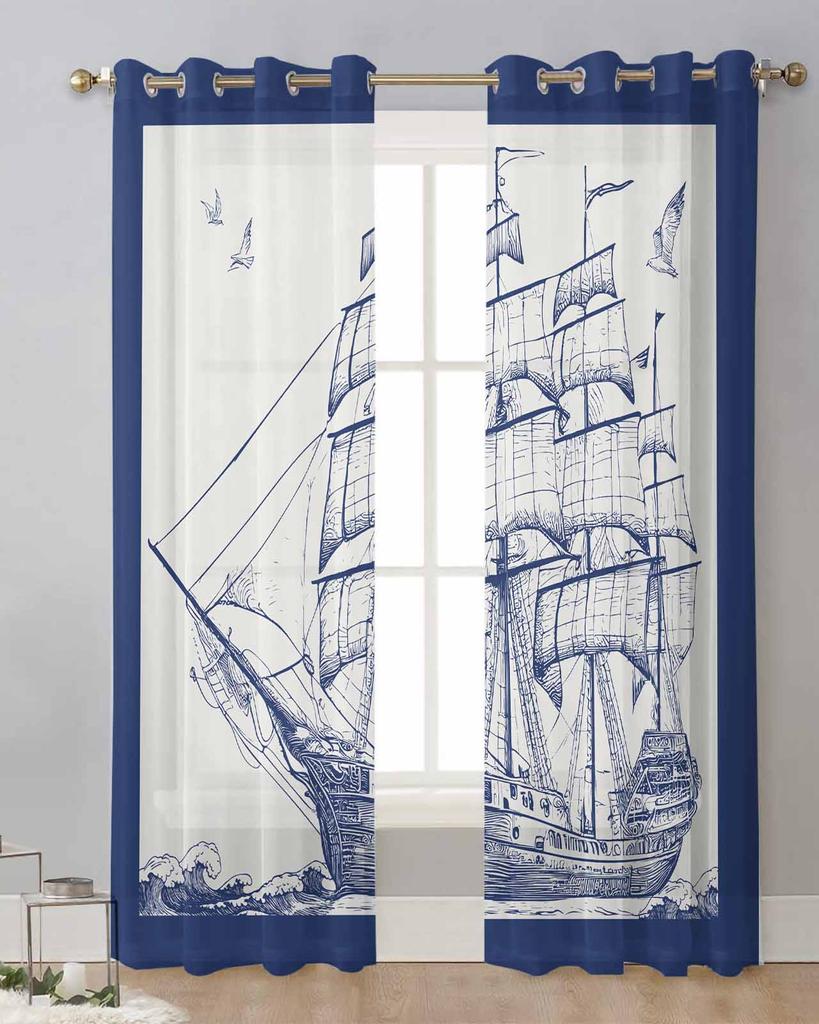 Vintage Sailing Ship Seagull Sheer Curtains for Living Room Decoration Window Curtains for Kitchen Tulle Voile Organza Curtains