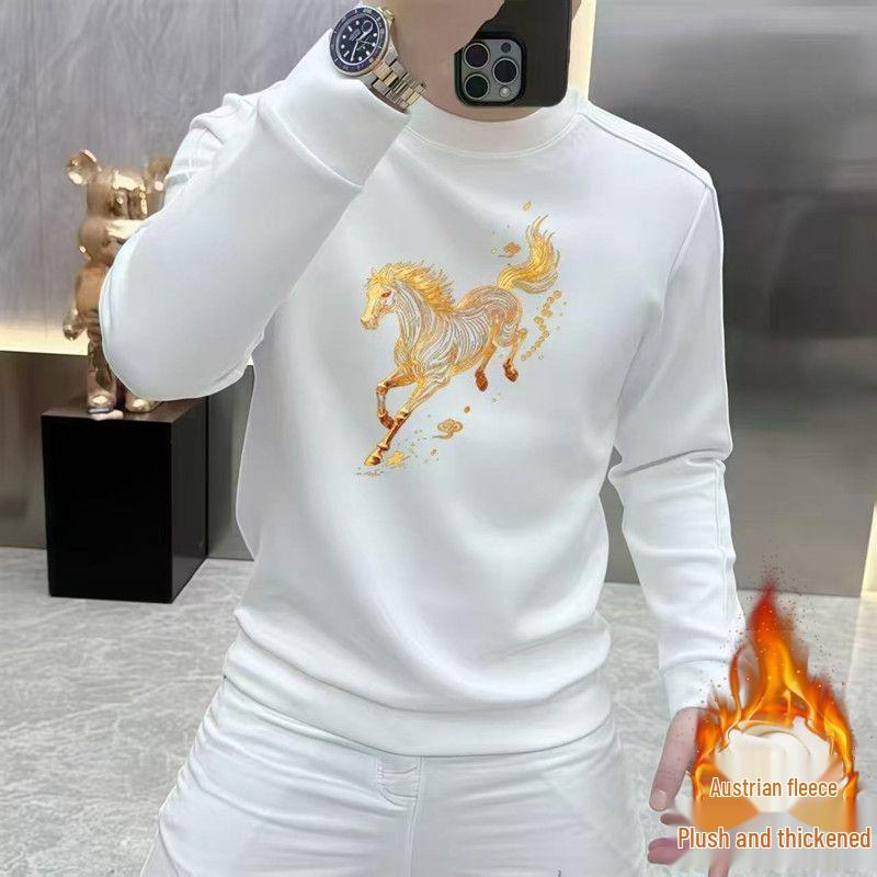 Men's Korean Style Year of the Horse Red Coral Fleece Hoodie, Thickened, Loose Fit, Pure Cotton, Round Neck, Autumn/Winter