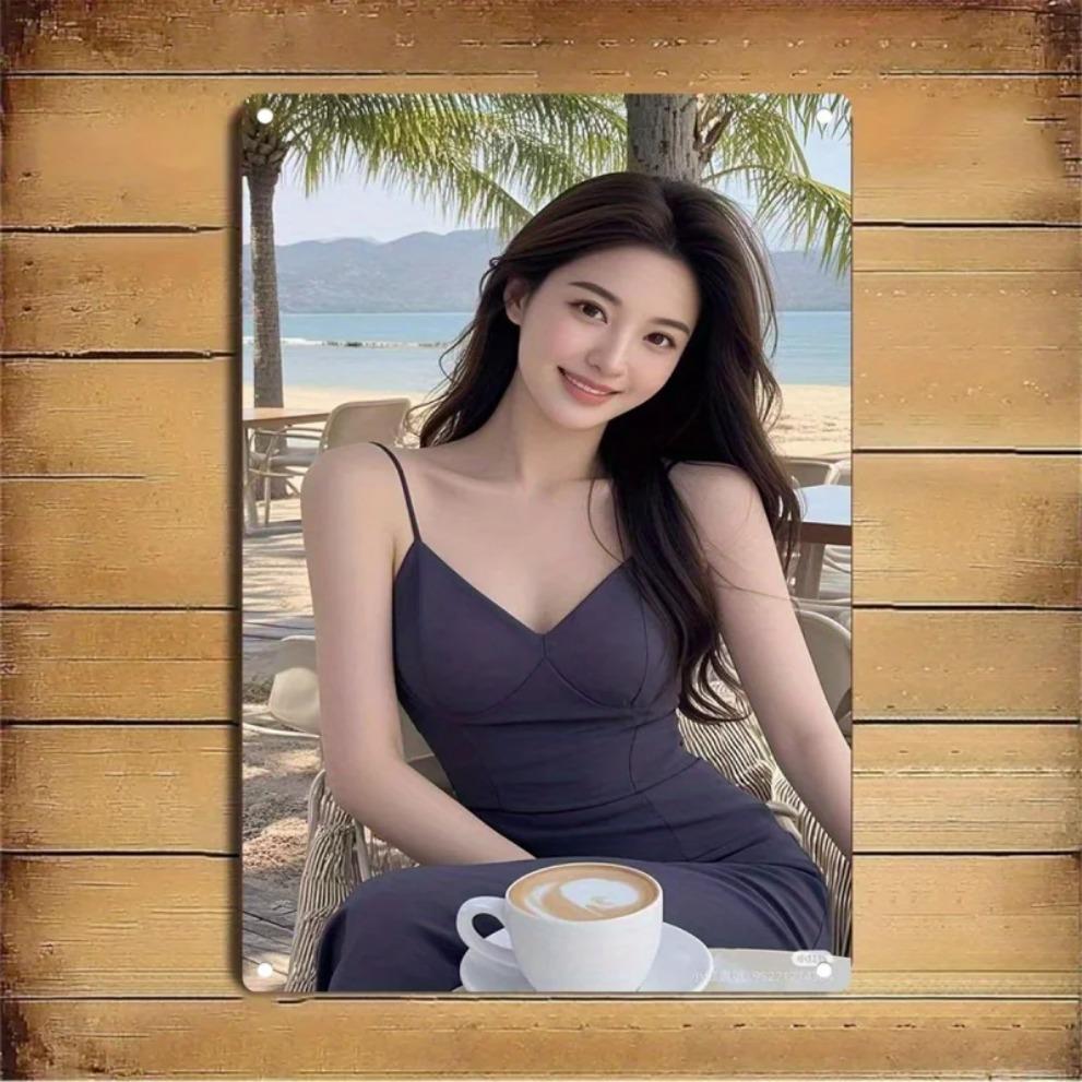 Hisun Tin Sign HD Metal Tin Sign Elegant Asian Beauty In Dark Blue Slip Dress At Beach Cafe Wall Art Retro Metal Plaque for Home Decor X Inc