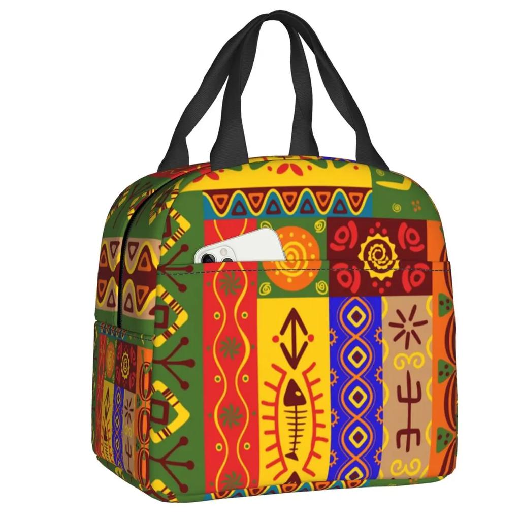 African Elements Pattern Insulated Lunch Tote Bag for Women Africa Ethnic Culture Cooler Thermal Bento Box Work School Travel