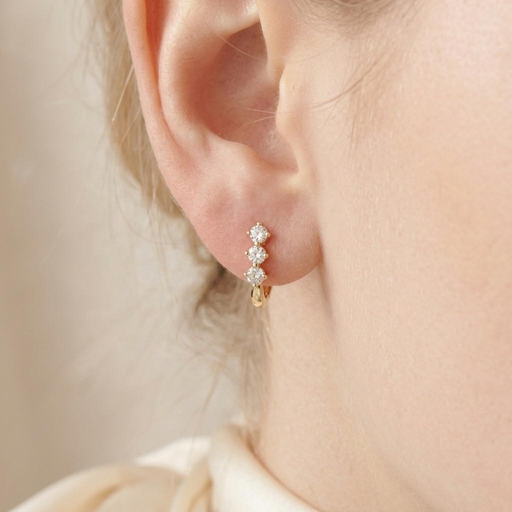 Versatile Daily Wear 925 Sterling Silver Loops Jewelry 14K Gold Plated Minimalist 3mm 3-Stone Moissanite Hoop Earrings for Women