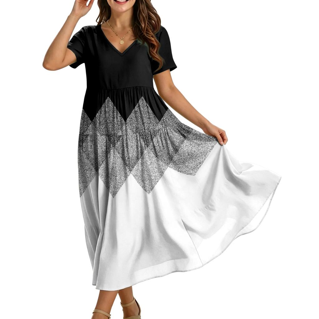 Women's Casual Loose Fit Bohemian Style Gradient Print Short Sleeve V Neck Midi Dress with Elastic Waist and Flowing Skirt for Everyday Wear