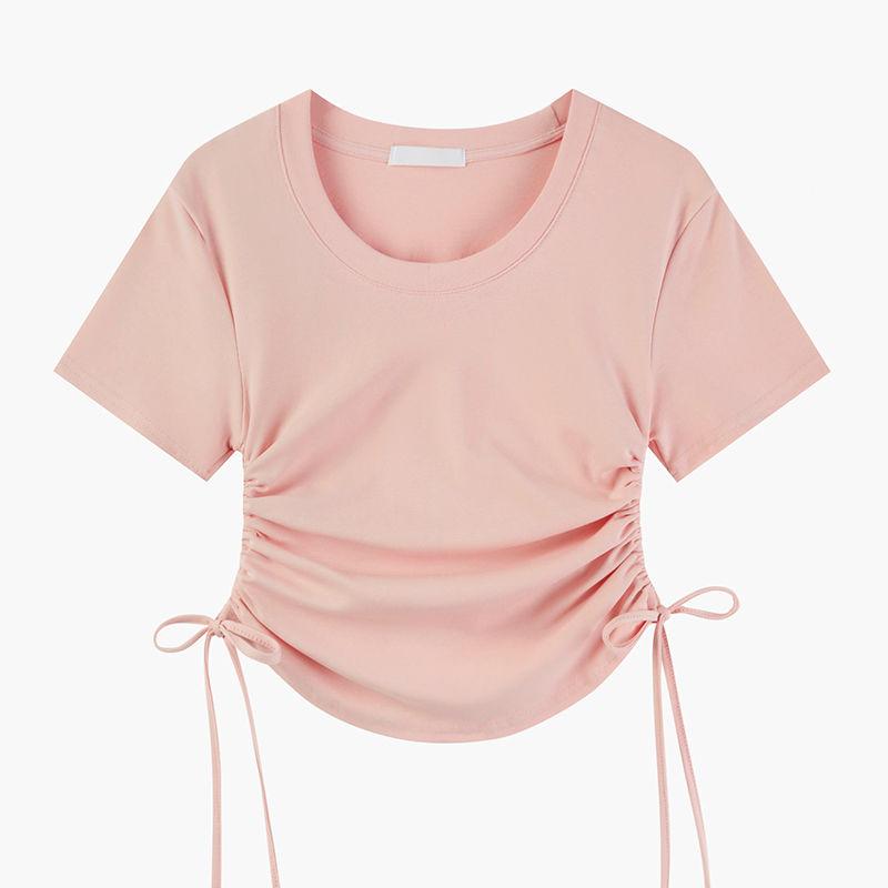 

WTEMPO бренд мода тонкий хлопок летние топы женские облегающие нишевые с дизайнерским смыслом круглый вырез высокая талия шнурок короткие футболки 3XL розовый