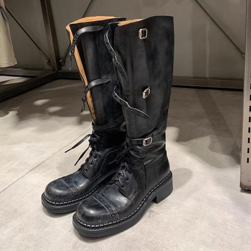Cowhide~ Knight Boots Leather Boots Lace-up Platform Martin Boots Boots Women's Thick Heel Boots