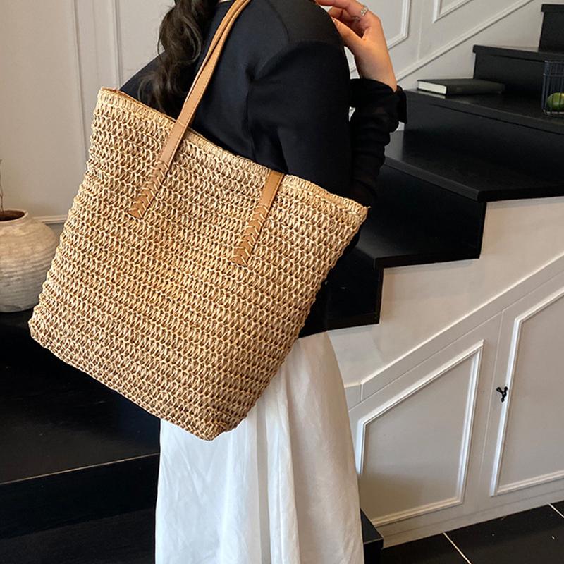 Women Top-Handle Bags Straw Summer Beach Straw Bucket Bag Woven Tote Purse Casual Travel Handbags for Women