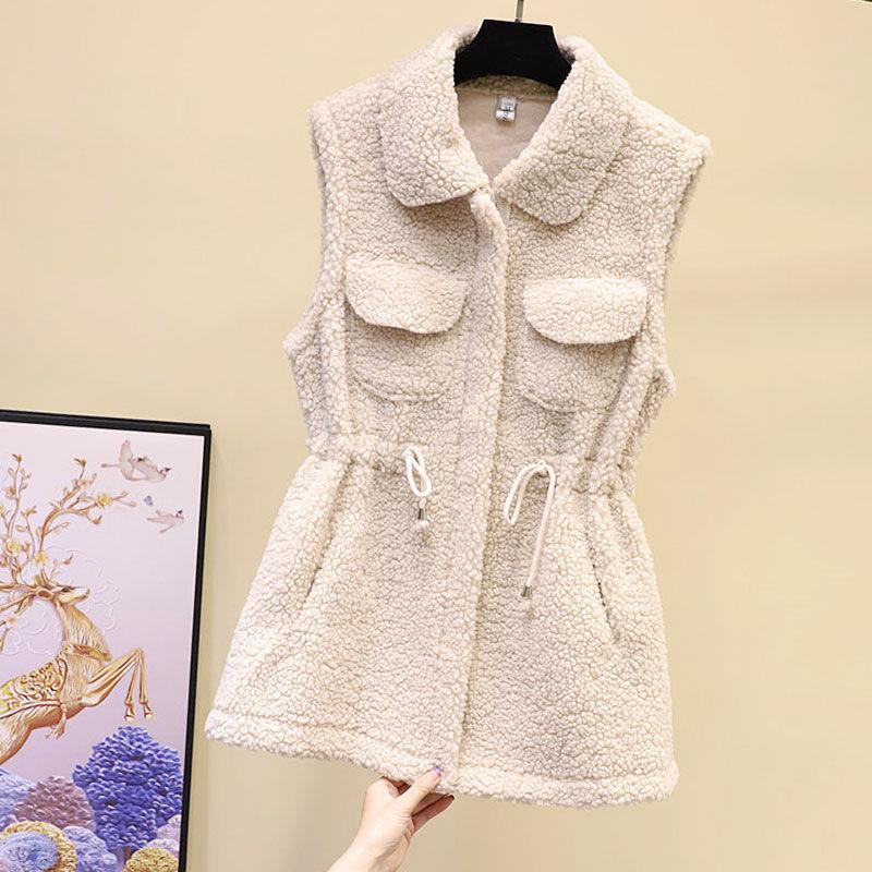 Lamb Wool Waistcoat Jacket Female Autumn and Winter Loose Mid-length Outer Jacket Solid Color Pocket Sleeveless Sweater