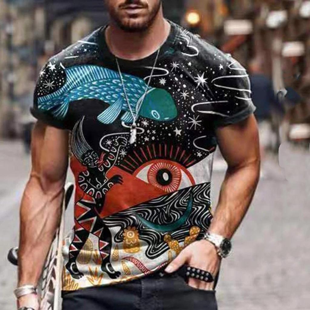 Summer Round Neck 3D Ethnic Pattern Print Top Fashionable Casual Short Sleeved Men's T-shirts