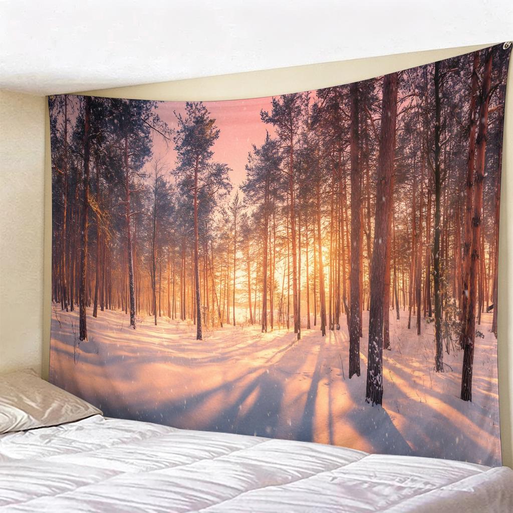 Christmas Psychedelic Tree Landscape Tapestry, Glowing Pink Forest Wall Hanging, Mystical Moon  River Backdrop for Room Decor
