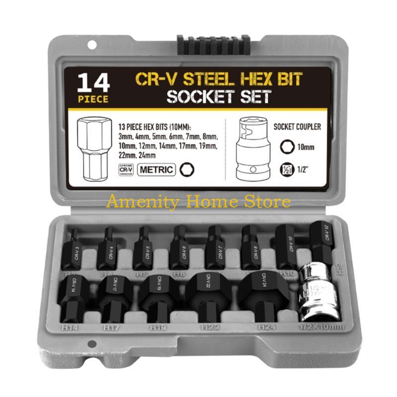 F26C Complete 14Pcs Hex Bit Impact Socket Set Suitable for 1/2"(12.5mm) Ratchet Wrenches and Power Tool Professional Tools