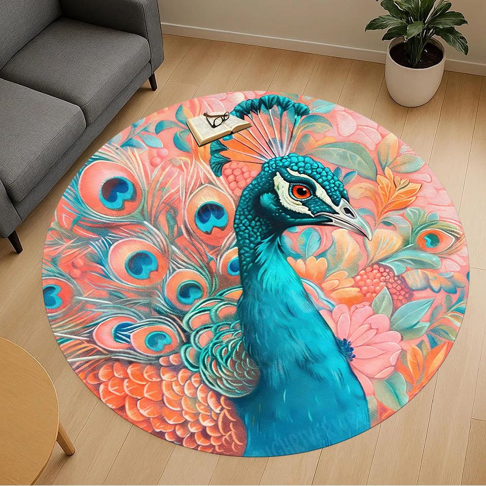 1PC Peacock Flowers Office Round Area Rug, Under Office Chairs Bedroom Living Room Home Decor,Carpet for Office, -1110173