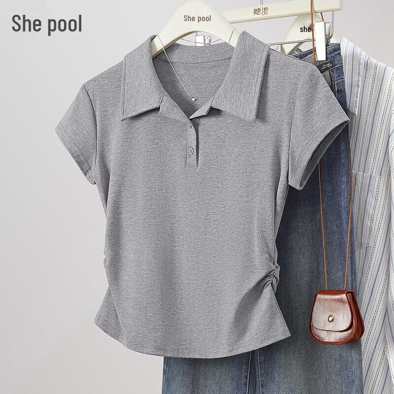Женская однотонная футболка She Pool с лацканами, плиссированной талией и короткими рукавами One Size