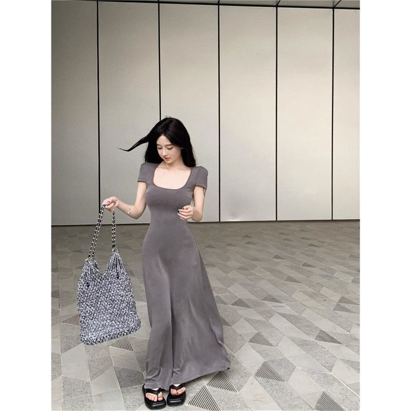 Fashion and Foreign Style Spice Girl Square Neck Short-sleeved Dress Women's Summer New Slim and Thin Solid Color a Word Medium and Long Skirt