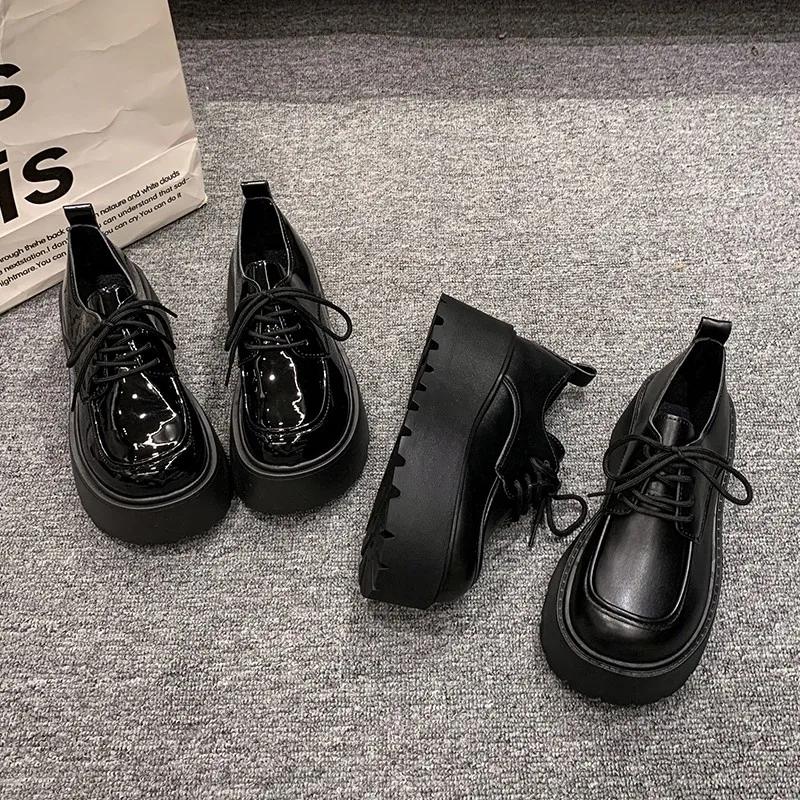 Fashion JK Uniform Shoes Women New Black Small Leather Shoes Platform Loafers Girls' Japanese Style College Style Lace Up Oxford Shoes