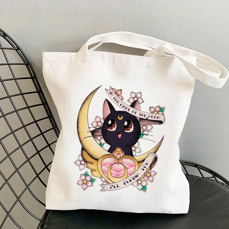 

Сумка-шоппер Sailor Meow On The Moon Kawaii Bag Harajuku, женская сумка для покупок, парусиновая сумка-шопер, сумка для девочек, сумка на плечо, женская сумка