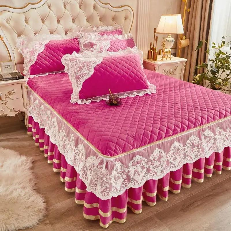 Toamnă și iarnă Fustă de pat din lână caldă, din bumbac, căptușită, husă de pat îngroșată, stil prințesă, husă de pat antiderapante