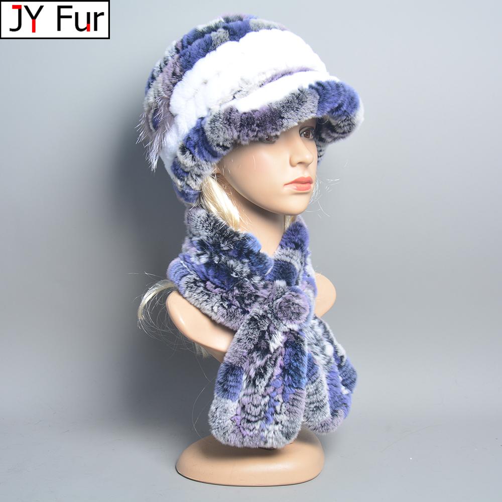 2024 Knitted Real Rex Rabbit Fur Hat Scarf Women Winter Rex Rabbit Fur Cap Scarves Sets Natural Warm Rex Rabbit Fur Muffler Hats