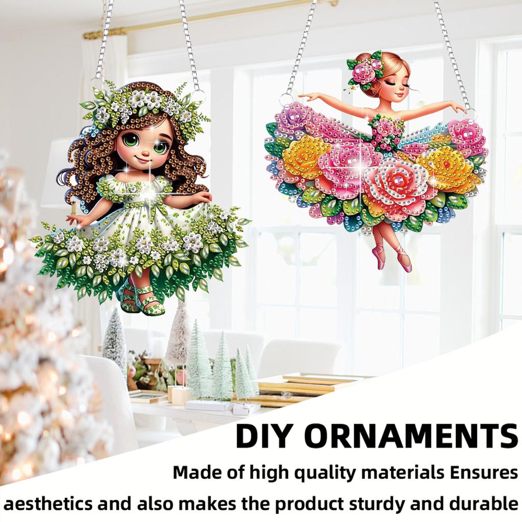 2Pcs Girl Theme 2D/Flat DIY Rhinestone Diamond Art Window Pendants Crystal Painting Ornament Window Hanging Art for Home Decor