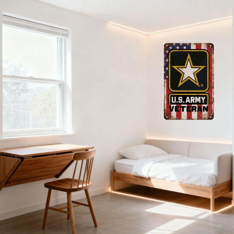 Vintage U.S. Army Veteran Metal Tin Sign Distressed Rustic Wall Decor with US Flag & Star Design, Military Memorabilia for Man C