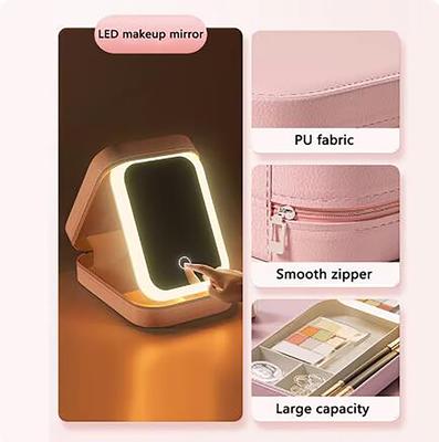 1 LED Makeup Bag with Mirror, Women's Portable Makeup Storage Bag, Lipstick Brush, Wireless Makeup Box Light