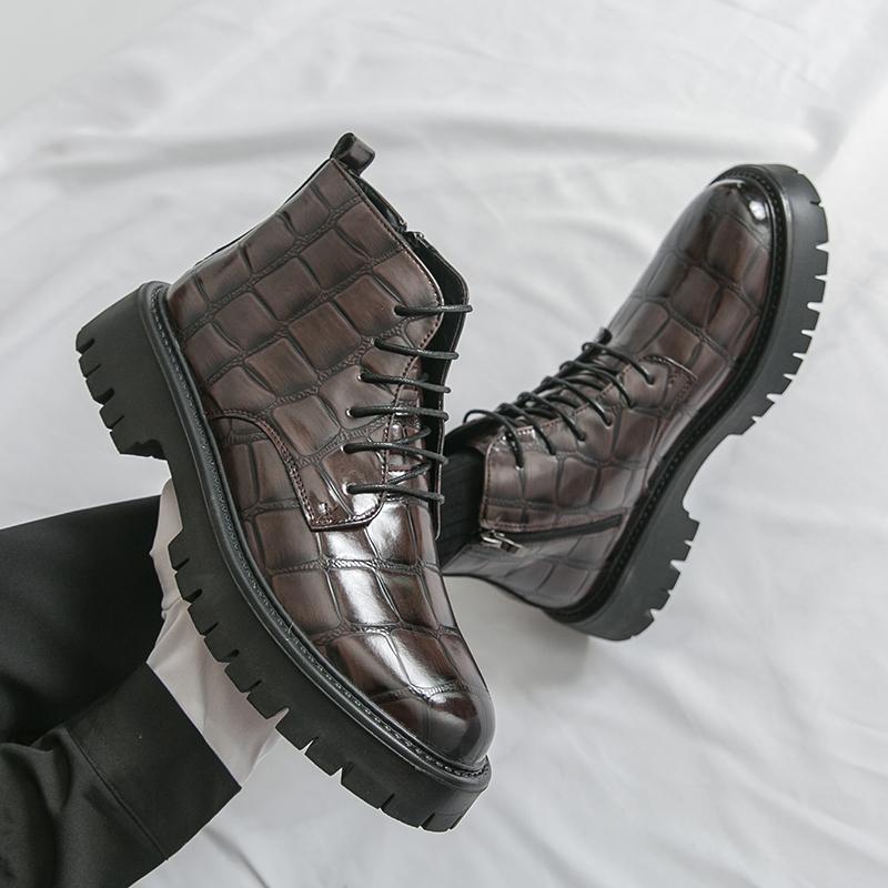 Men Motorcycle Casual Black Outdoor Retro Brown Leather Elevator Shoes High Boots Street Style Punk Boots Large Size