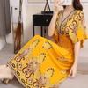 Casual Elegant Retro Bohemian National Style V-neck Elastic  Waist Large Swing Printed Summer Long Skirt Woman Dress Clothes