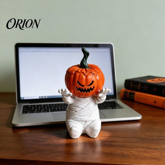 Halloween Themed Collectibles Pumpkin Head Mummy Statue, Funny Decorations, Cute Sitting Unique Party Supplies Resin Figurine for Desktop Shelf Sitter