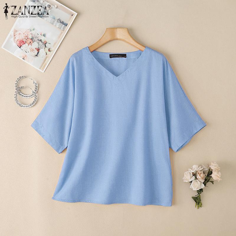 ZANZEA Bluză lejeră cu decolteu în V de culoare uni pentru femei