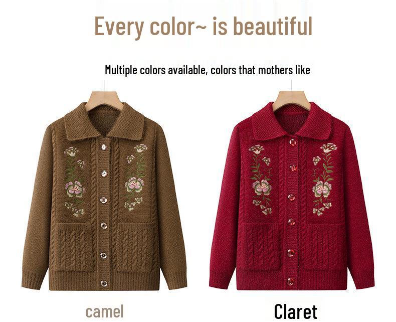 Dicker Strick-Cardigan für ältere Frauen: Oma-Stil, Pullover mit Kragen für Herbst und Winter.