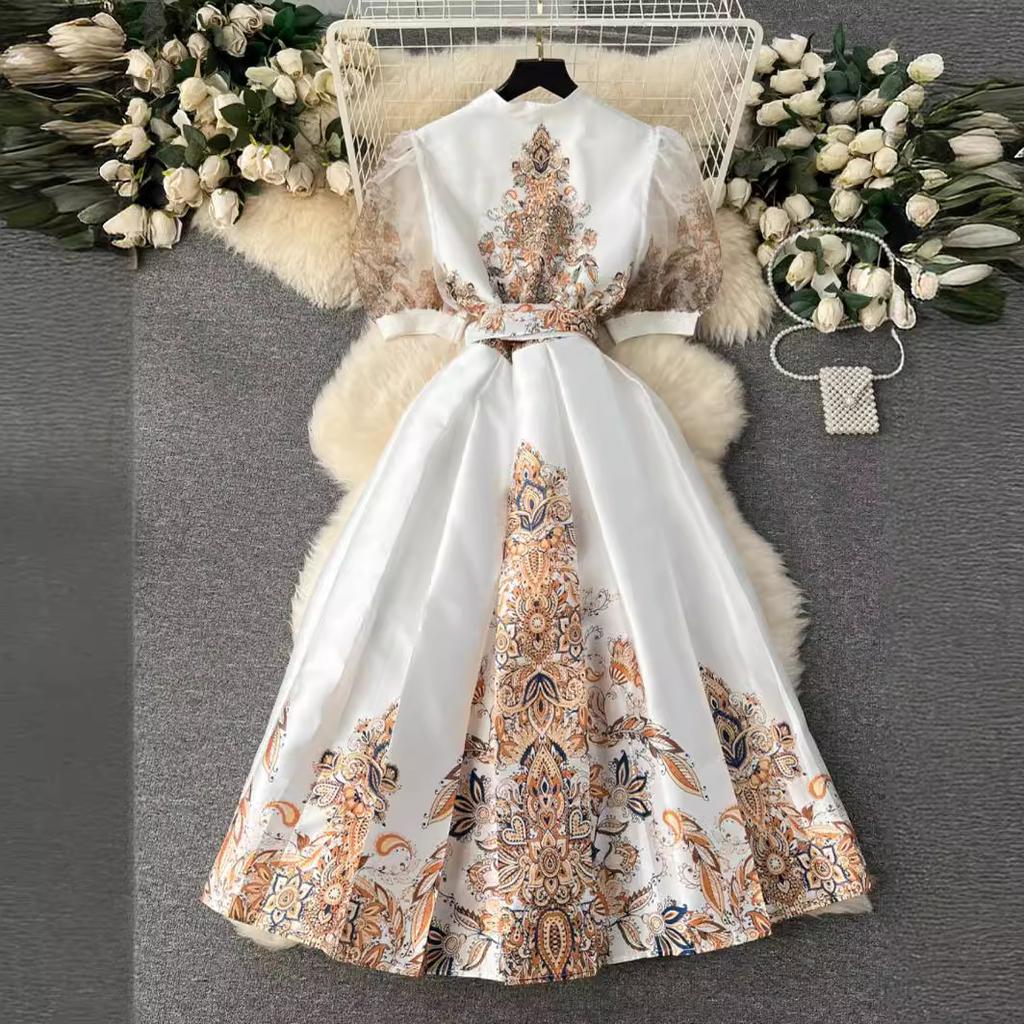 Designer blomstertrykk feriekjole kvinner palassstil high-end Elegant kjendis Midi lang kortermet vestidos