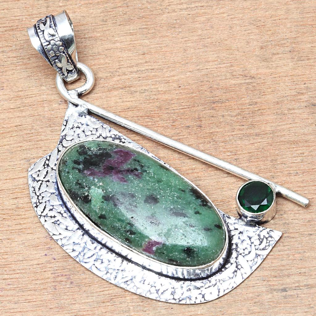 Pendant Ruby Zoisite Emerald Gemstone Valentine'Day Gift Silver Jewelry 2.5"