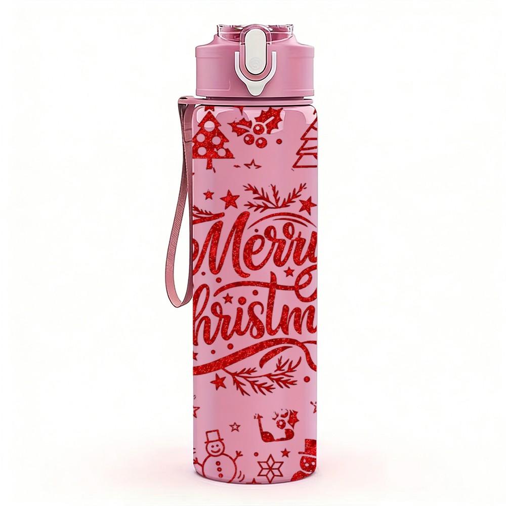 1PC Vintage Merry Christmas Text Print 750ml Color Plastic Sports Water Bottle Leakproof Flip Straw Lid Suitable for Sports Office Home Use