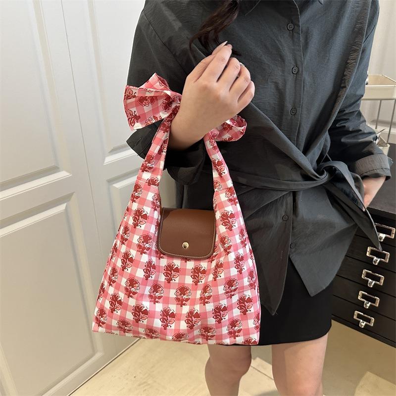 Summer aesthetic plaid flower print lightweight handbag casual large capacity versatile shoulder underarm messenger bag women