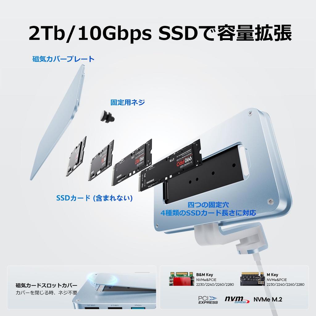 PULWTOP 7-in-1 USB-C-Hub für iMac mit NVMe-SSD-Steckplatz Nicht iMac-Zubehör Hakenart USB-C-Hub 1 x 1 x 2 x 1 x Kartenleser für iMac Studio Display Blau