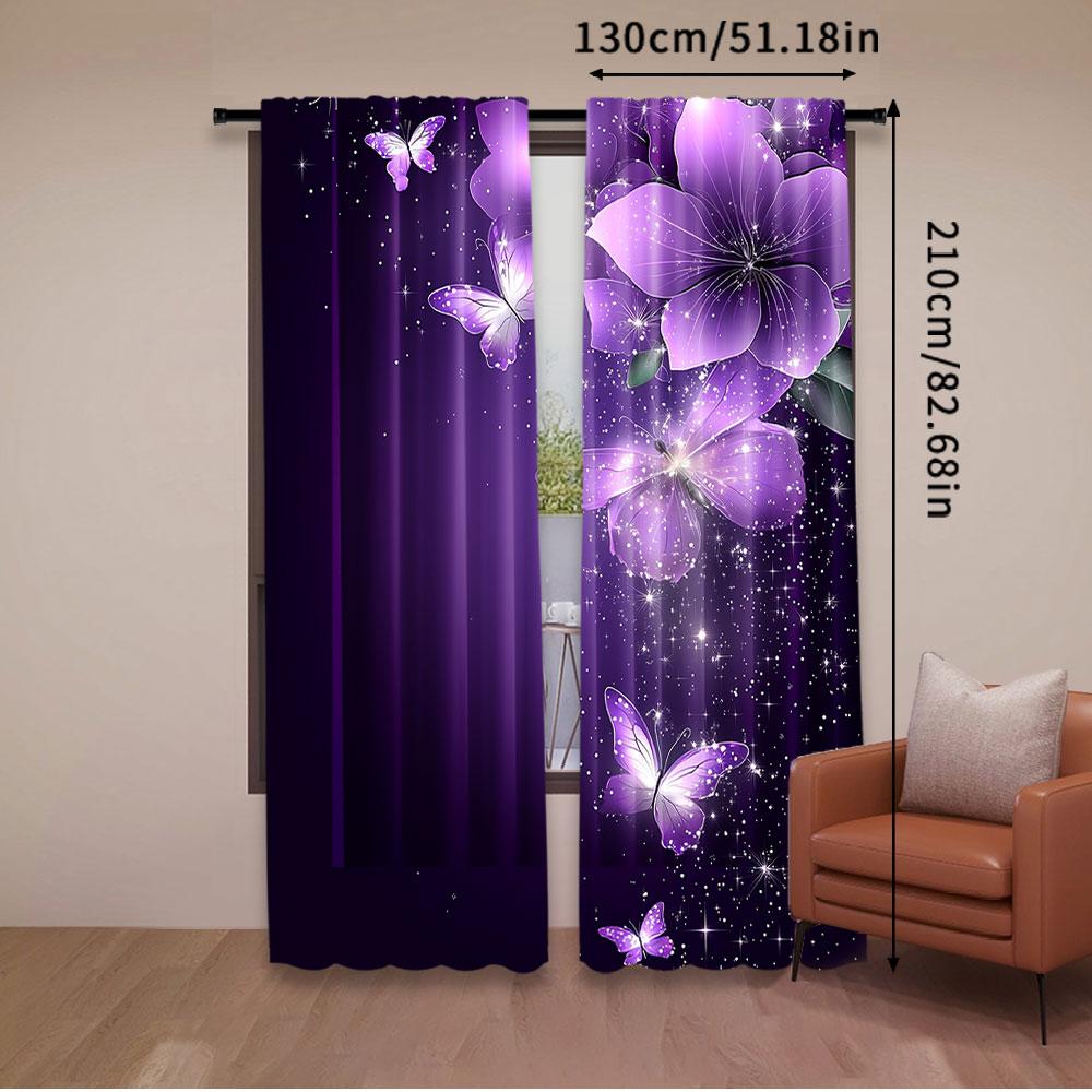 2Pcs Purple Vibrant Dancing Butterflies And Flowers Printed Curtain Suitable For Bedroom Bathroom Living Room Dining Room Study