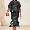 Women Plus Size Two Piece Set Round Neck Batwing Sleeve Ruffle Hem Top Black Gold Printed Fishtail Skirt