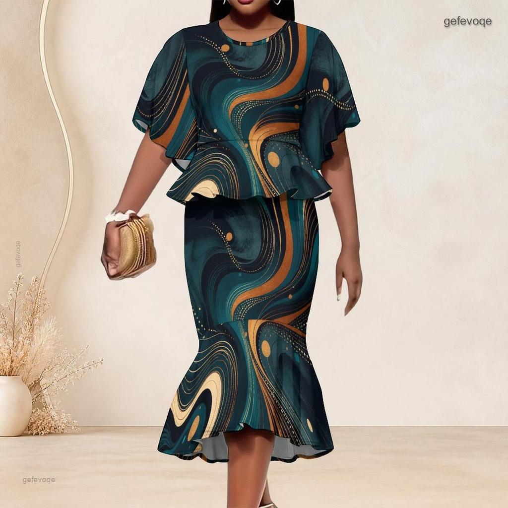 Women Plus Size Two Piece Set Round Neck Batwing Sleeve Ruffle Hem Top Black Gold Printed Fishtail Skirt