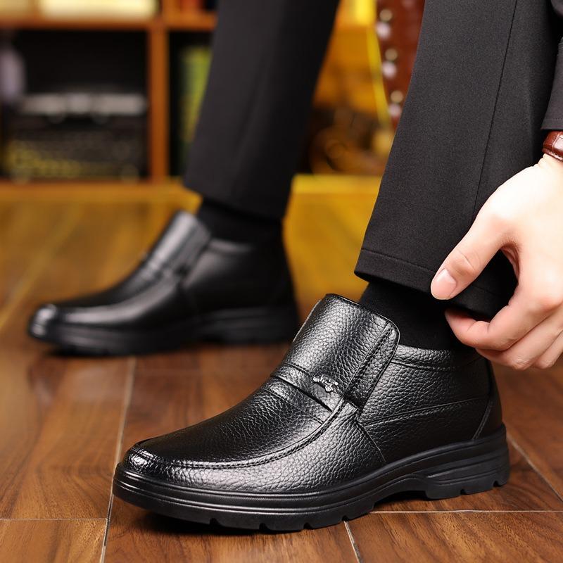 Men's Winter Shoes, Wool Cotton Shoes, Men's Cowhide Warm Fleece Thickened Dad Shoes, Leather Non-slip Cotton Shoes for the Elderly