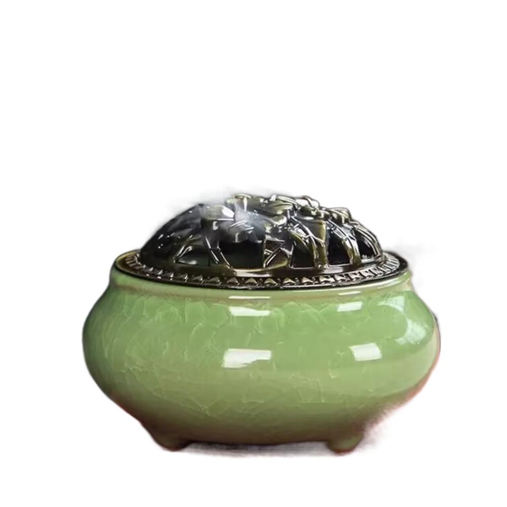 New Ceramic Incense Burner Copper Cover Ice Crack Incense Plate Antique Alloy Sandalwood Stove Home Decoration