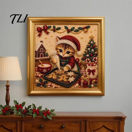 Creative Hobby for Women Christmas Cat Faux Pearl Art Kit with Frame, Kitty Painting DIY Beginners Kit, 3D Bead Wall Craft Adults, Handmade