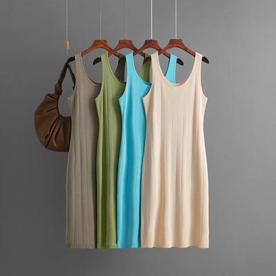 The New Slimming Double Round-neck Solid-color Knitted Halter Dress Is Slimming and Figure-hugging