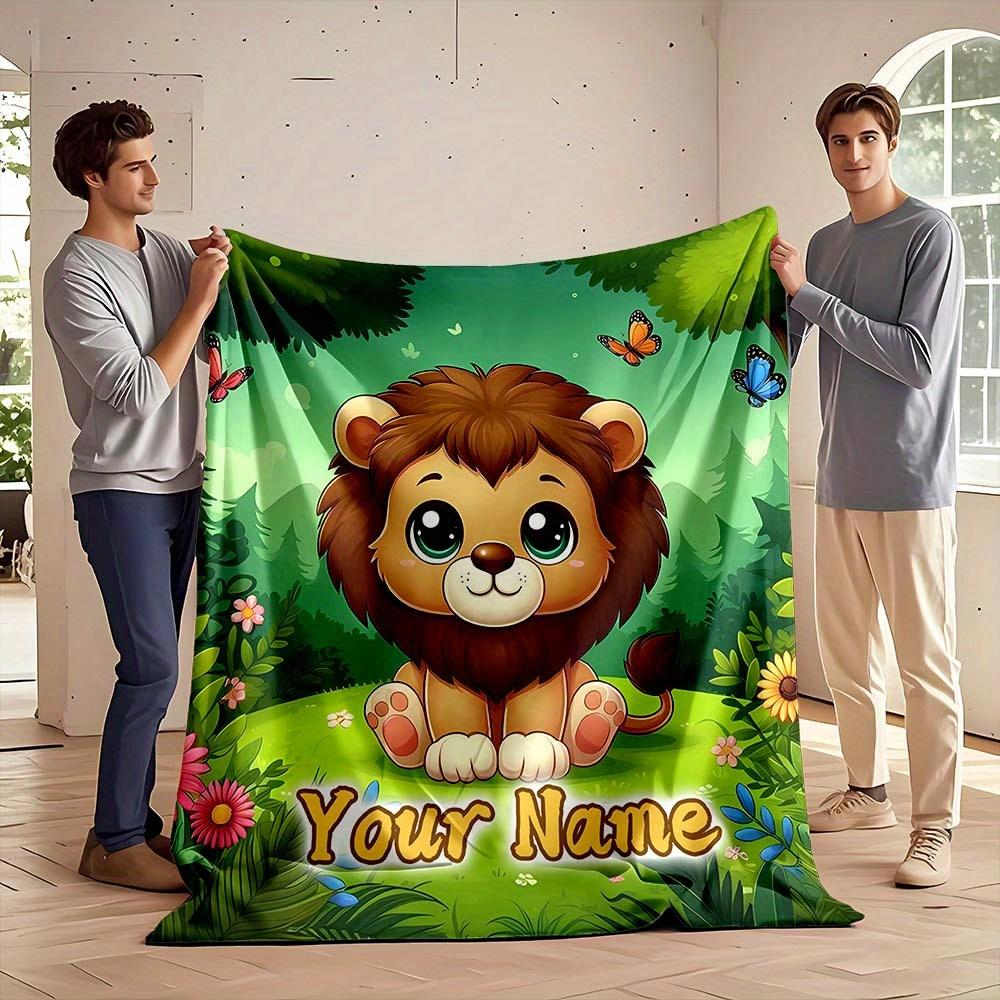 Custom Name Cute Cartoon Lion Jungle Print Flannel Blanket Soft Throw Blanket for Sofa Bed Couch Kids Bedroom Decor
