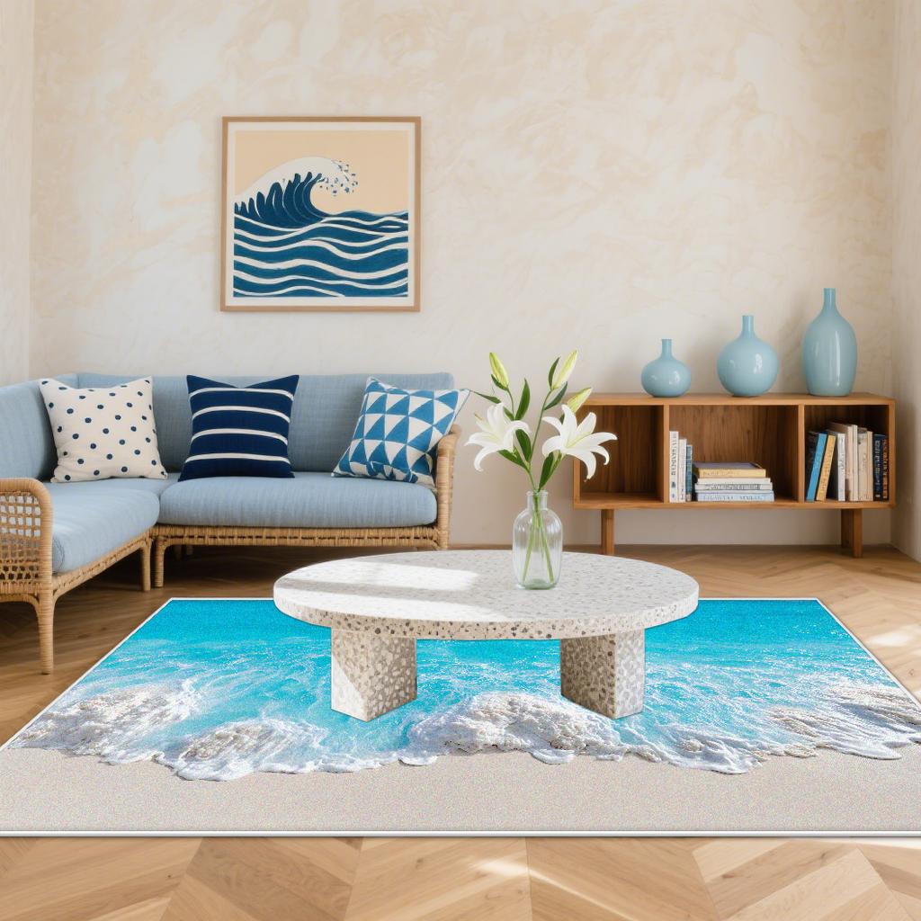 3D Küstenstrandwellen Teppiche Wohnzimmer Cartoon Dekoration Zuhause Großer Teppich Sofabereich Teppich Schlafzimmer Lounge Bodenmatte Waschbar