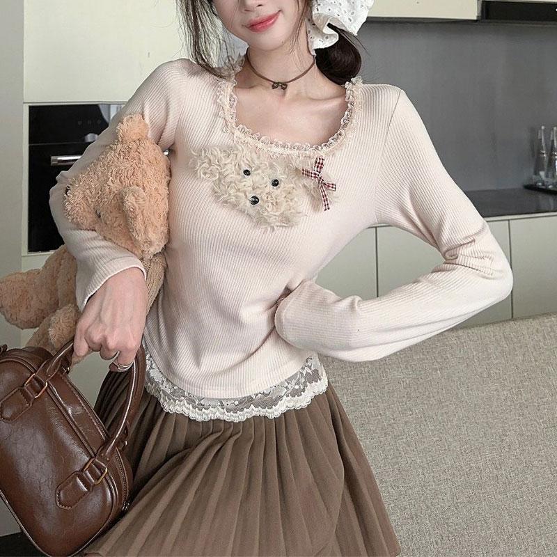 Sweet Lace Spliced Slim T-shirt Women's Clothing Chic Cartoon Puppy Spring Autumn Long Sleeve Hotsweet Square Collar Pullovers