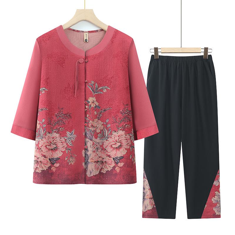 

Chinese Style Summer Set for Elderly Women: Loose Shirt for Mom or Grandma 3XL (suggested 125-135 jin)