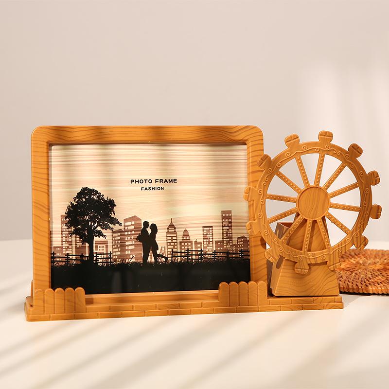 7-inch Windmill Ferris Wheel Photo Frame Desktop Pen Holder Imitation Wood Grain Home Decoration Desktop Ornaments Holiday Gifts