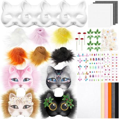 DIY Therian Masque Kit Blank Cat Fox Masque with Felt Fabric Sheet Faux Fur Eye Mesh Furry Animal Dress Up Masque for Masquerade Halloween Party
